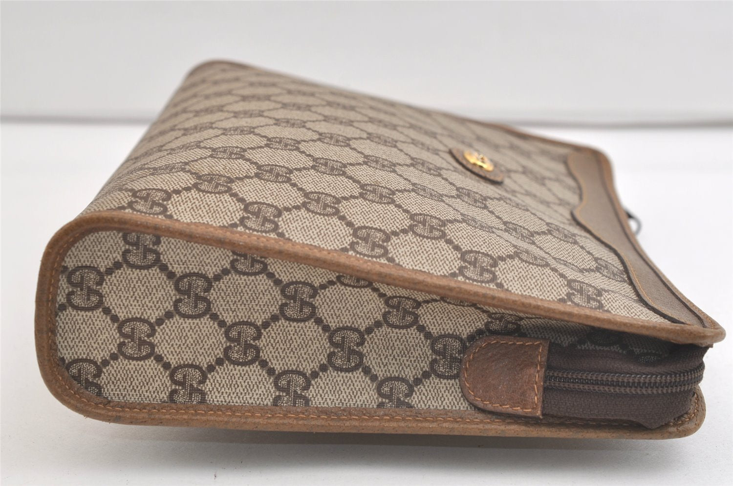 Authentic GUCCI Vintage Clutch Hand Bag Purse GG PVC Leather Brown 4290K