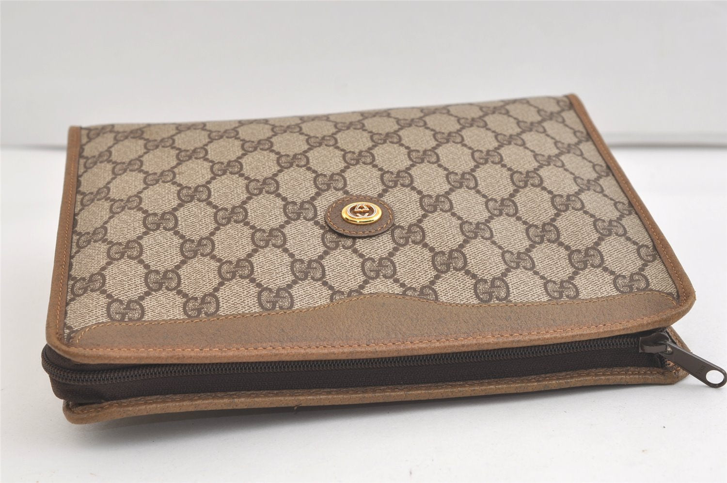Authentic GUCCI Vintage Clutch Hand Bag Purse GG PVC Leather Brown 4290K