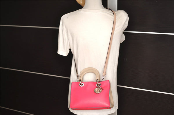 Authentic Christian Dior Diorissimo 2Way Hand Bag Purse Leather Pink Beige 4291J