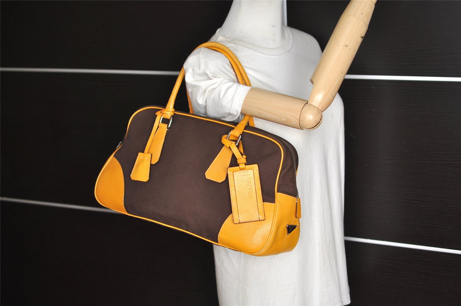 Authentic PRADA Canvas Leather Shoulder Hand Bag Brown Yellow 4296K