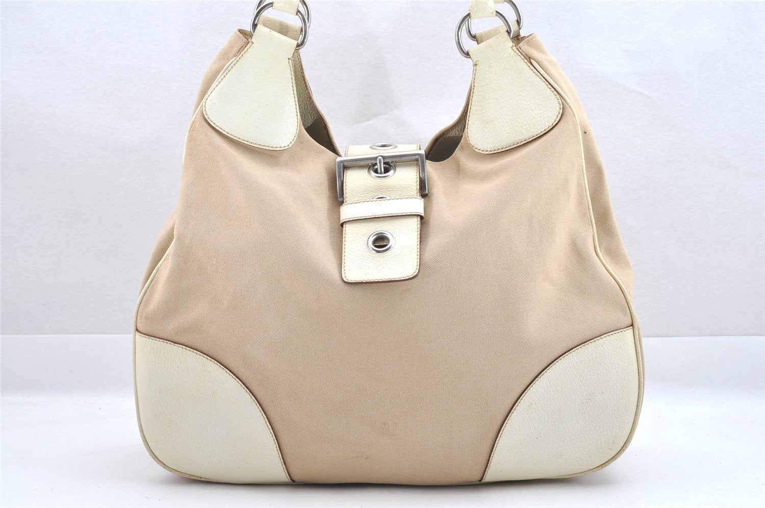 Authentic PRADA Vintage Canvas Leather Shoulder Tote Bag Beige 4298J