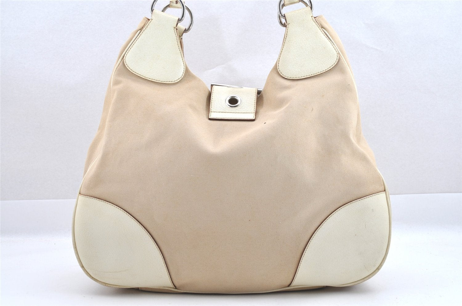 Authentic PRADA Vintage Canvas Leather Shoulder Tote Bag Beige 4298J