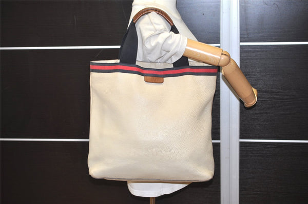 Authentic GUCCI Vintage Sherry Line Hand Tote Bag Leather 281899 White 4302J