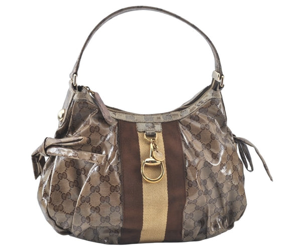 Authentic GUCCI GG Crystal Sherry Line Horsebit Shoulder Bag GG PVC Brown 4303J