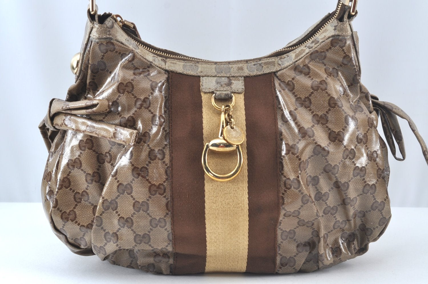 Authentic GUCCI GG Crystal Sherry Line Horsebit Shoulder Bag GG PVC Brown 4303J