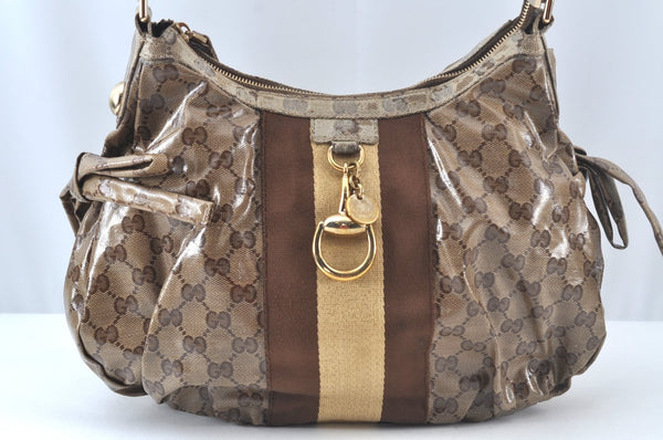 Authentic GUCCI GG Crystal Sherry Line Horsebit Shoulder Bag GG PVC Brown 4303J