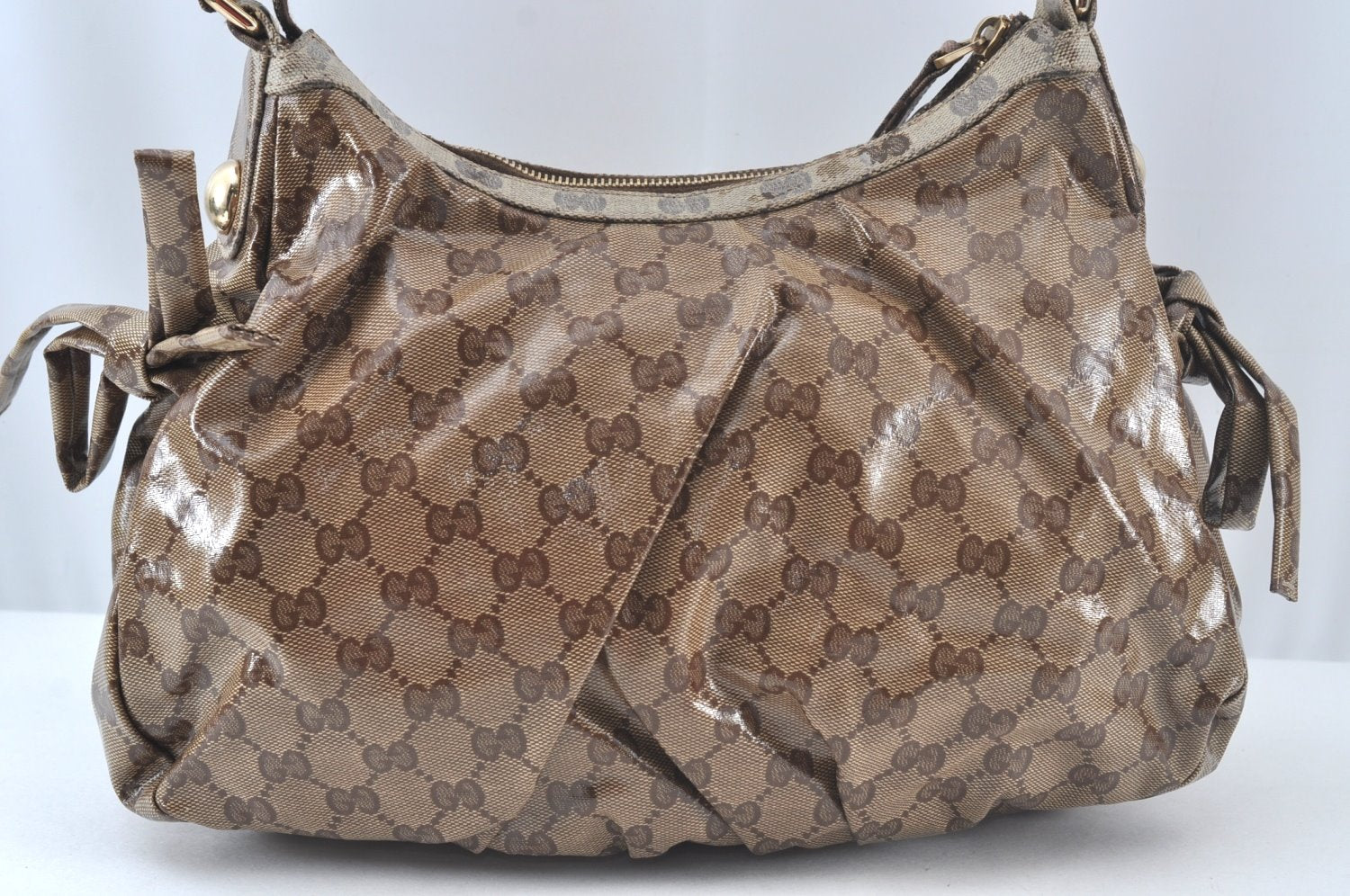 Authentic GUCCI GG Crystal Sherry Line Horsebit Shoulder Bag GG PVC Brown 4303J