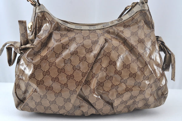 Authentic GUCCI GG Crystal Sherry Line Horsebit Shoulder Bag GG PVC Brown 4303J