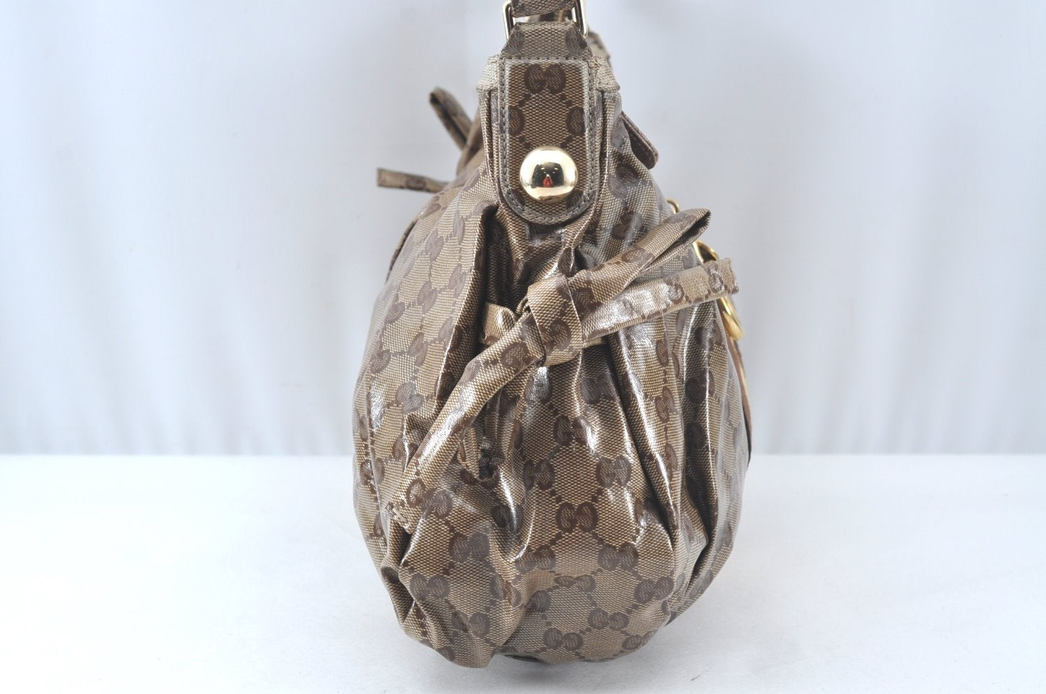 Authentic GUCCI GG Crystal Sherry Line Horsebit Shoulder Bag GG PVC Brown 4303J