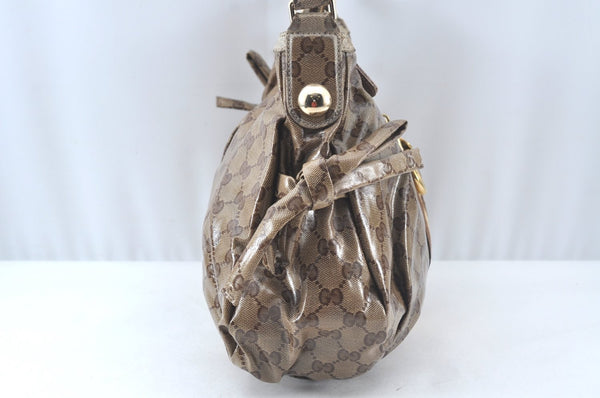 Authentic GUCCI GG Crystal Sherry Line Horsebit Shoulder Bag GG PVC Brown 4303J