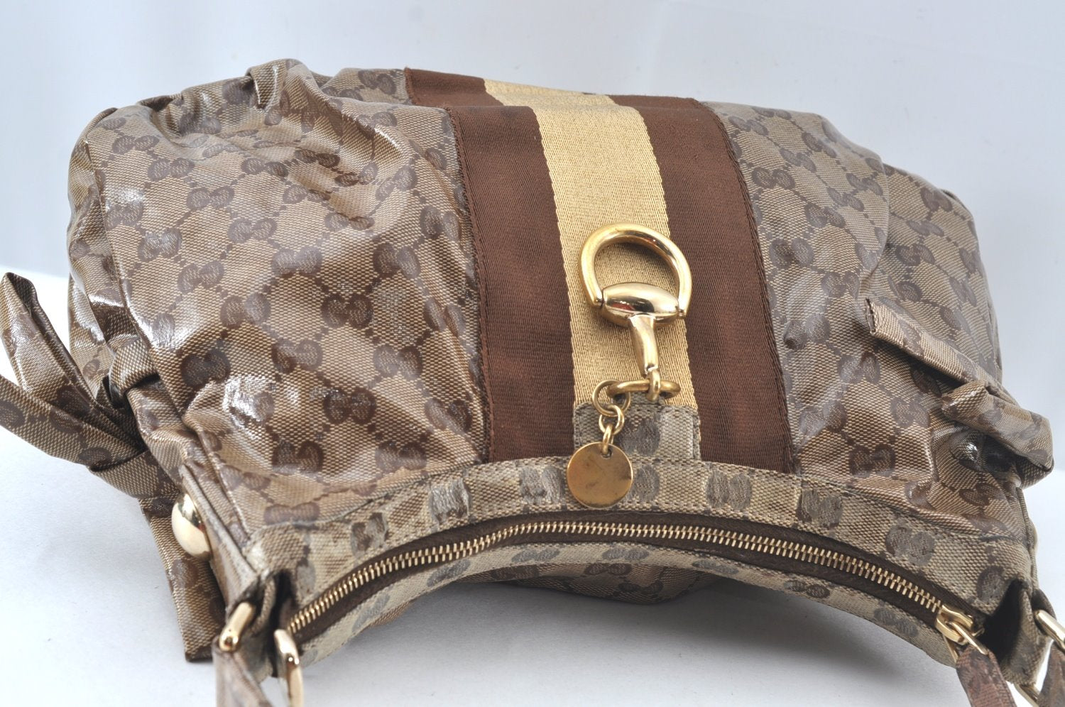 Authentic GUCCI GG Crystal Sherry Line Horsebit Shoulder Bag GG PVC Brown 4303J