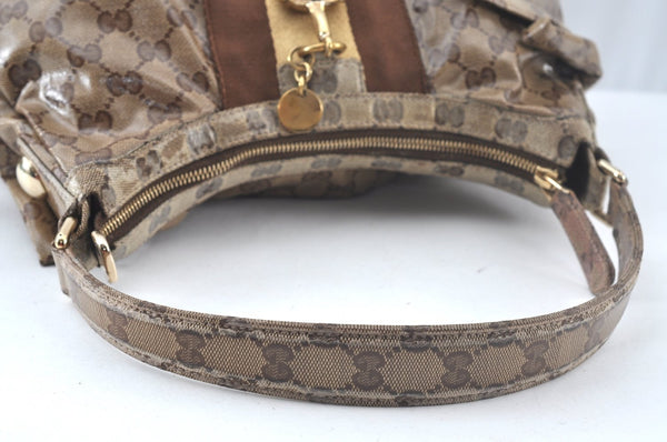 Authentic GUCCI GG Crystal Sherry Line Horsebit Shoulder Bag GG PVC Brown 4303J