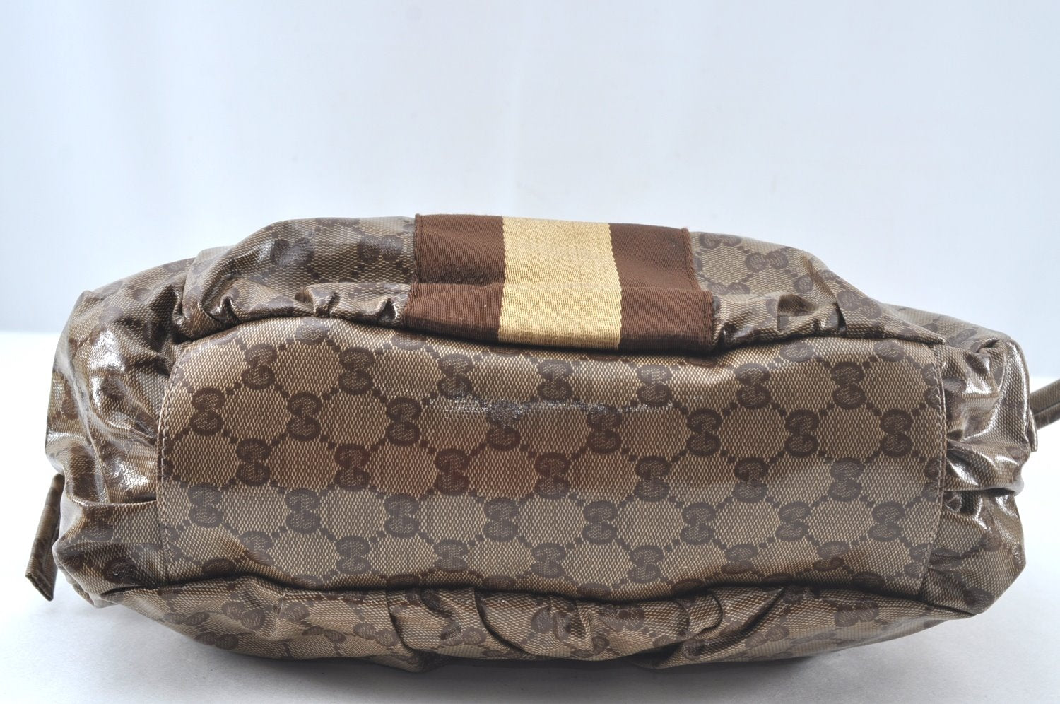 Authentic GUCCI GG Crystal Sherry Line Horsebit Shoulder Bag GG PVC Brown 4303J