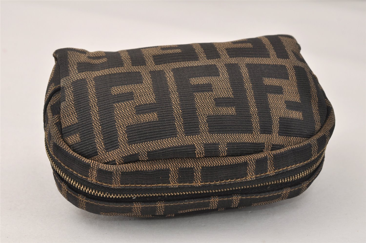 Authentic FENDI Vintage Zucca Pouch Purse Canvas Leather Brown 4306K