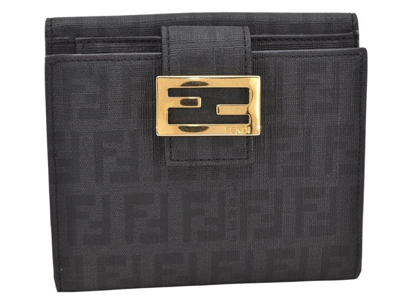 Authentic FENDI Vintage Zucchino Bifold Wallet Purse PVC Black 4308K