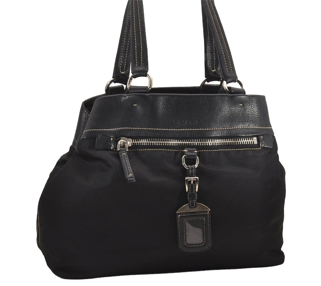 Authentic PRADA Vintage Nylon Tessuto Leather Shoulder Tote Bag Black 4316J