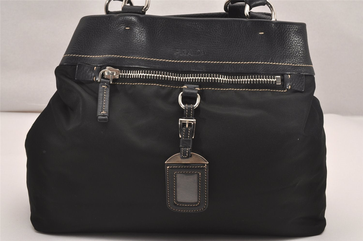 Authentic PRADA Vintage Nylon Tessuto Leather Shoulder Tote Bag Black 4316J