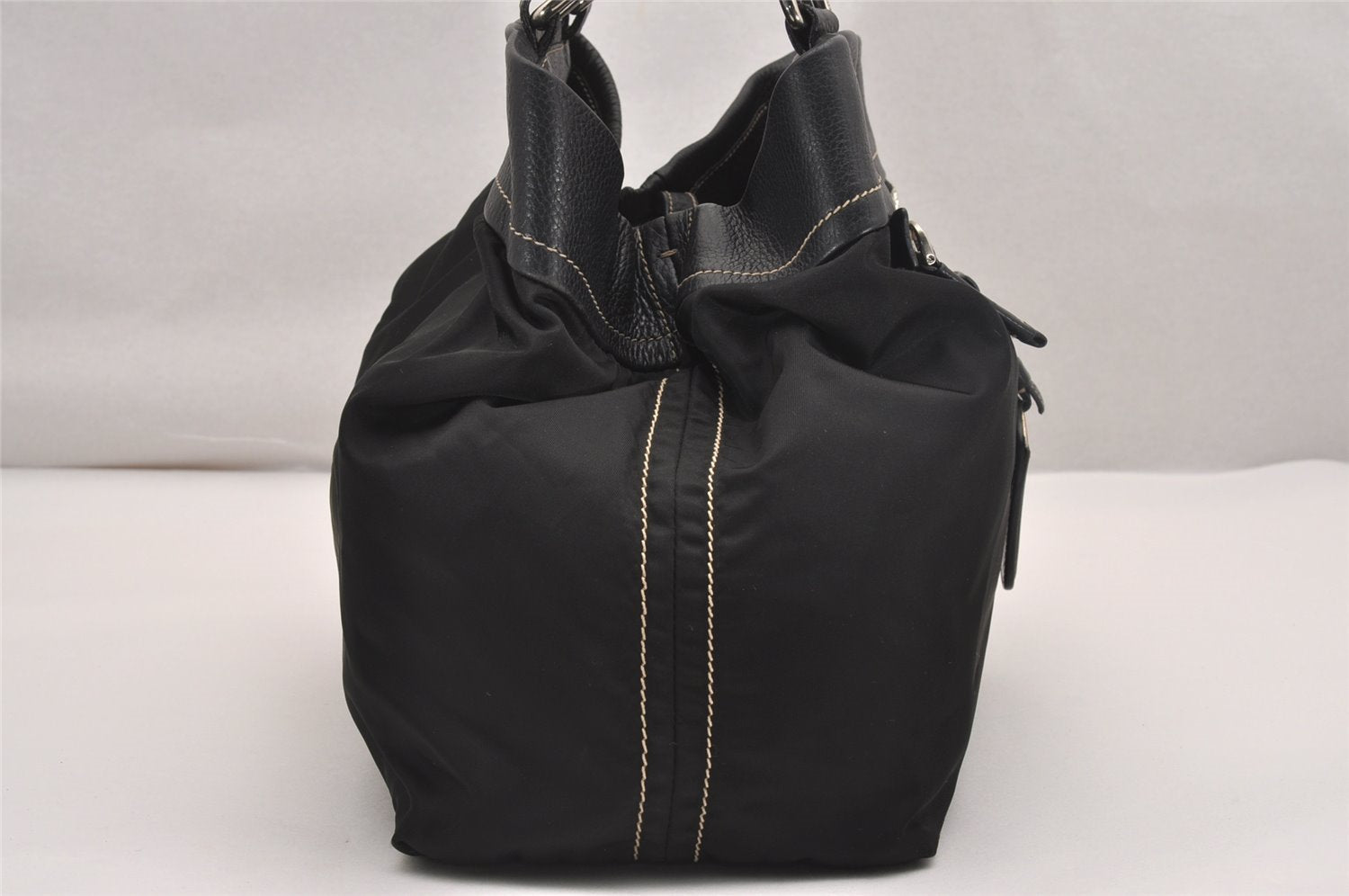 Authentic PRADA Vintage Nylon Tessuto Leather Shoulder Tote Bag Black 4316J