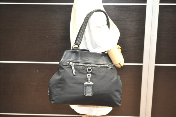 Authentic PRADA Vintage Nylon Tessuto Leather Shoulder Tote Bag Black 4316J
