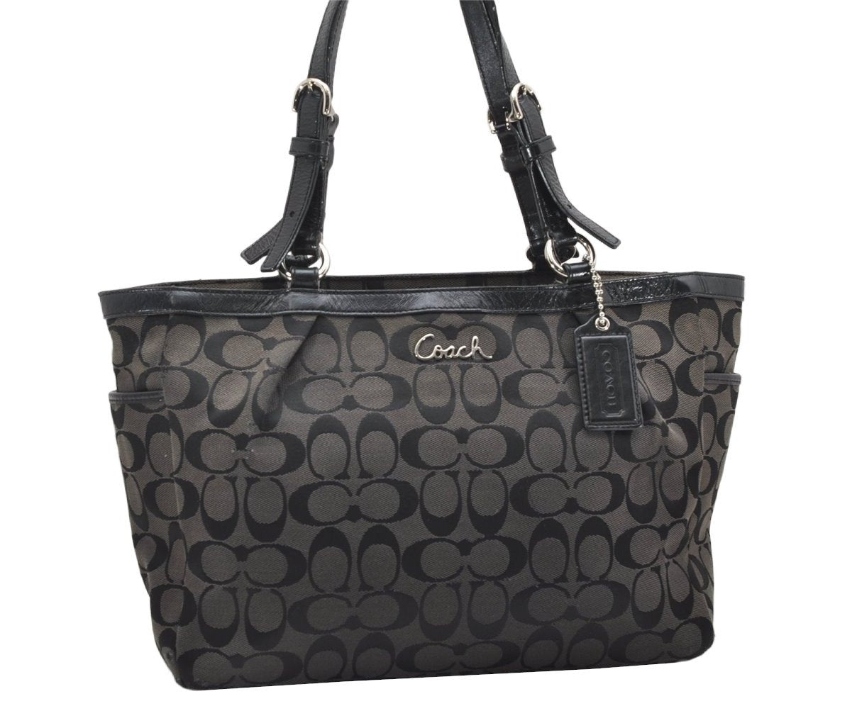 Authentic COACH Signature Shoulder Tote Bag Canvas Leather F17726 Black 4318K