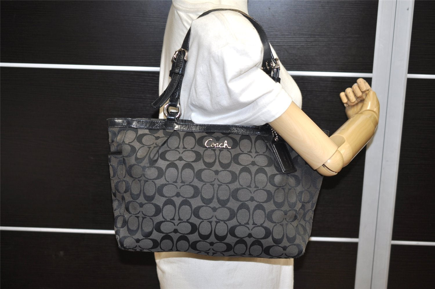 Authentic COACH Signature Shoulder Tote Bag Canvas Leather F17726 Black 4318K