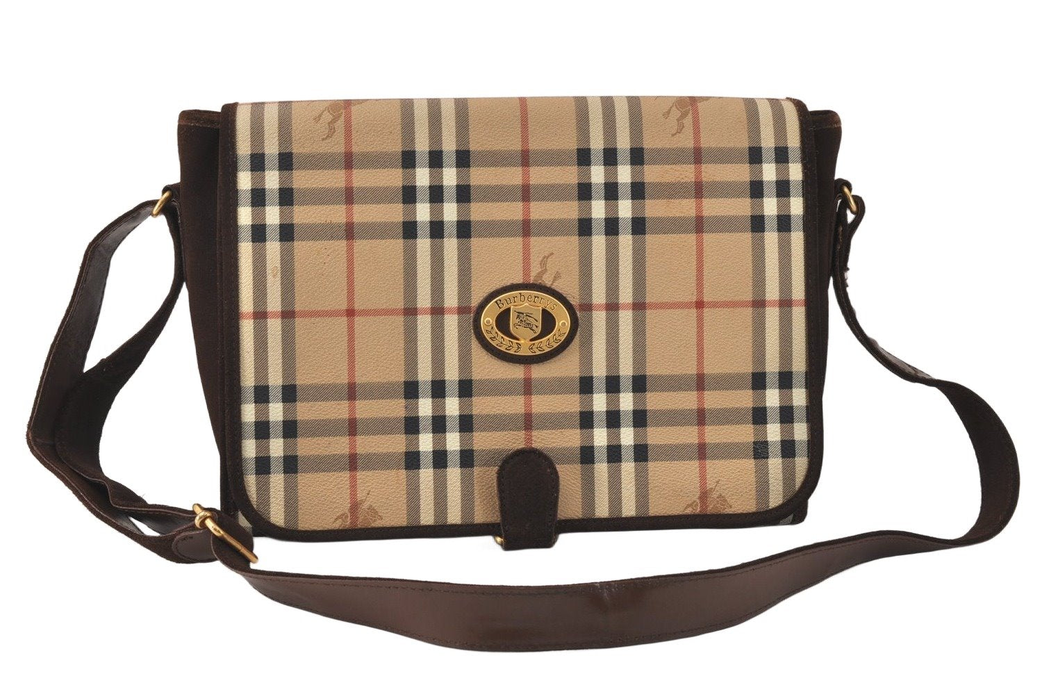 Authentic Burberrys Nova Check Shoulder Cross Bag PVC Suede Leather Beige 4320K