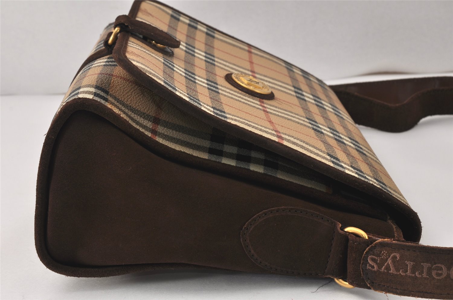 Authentic Burberrys Nova Check Shoulder Cross Bag PVC Suede Leather Beige 4320K