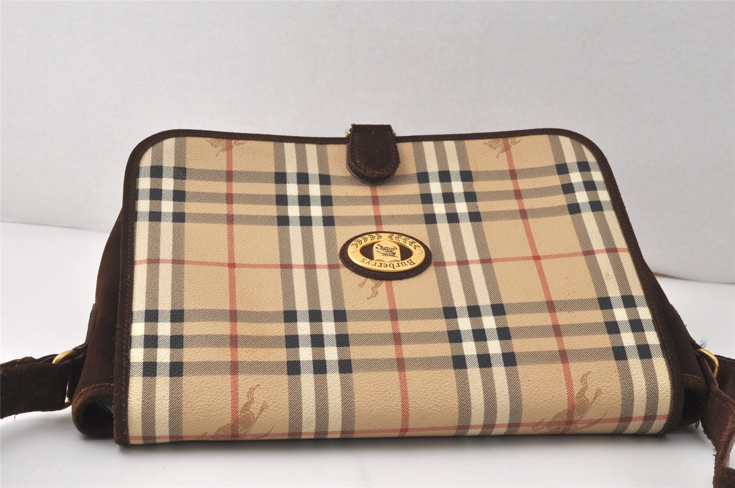 Authentic Burberrys Nova Check Shoulder Cross Bag PVC Suede Leather Beige 4320K