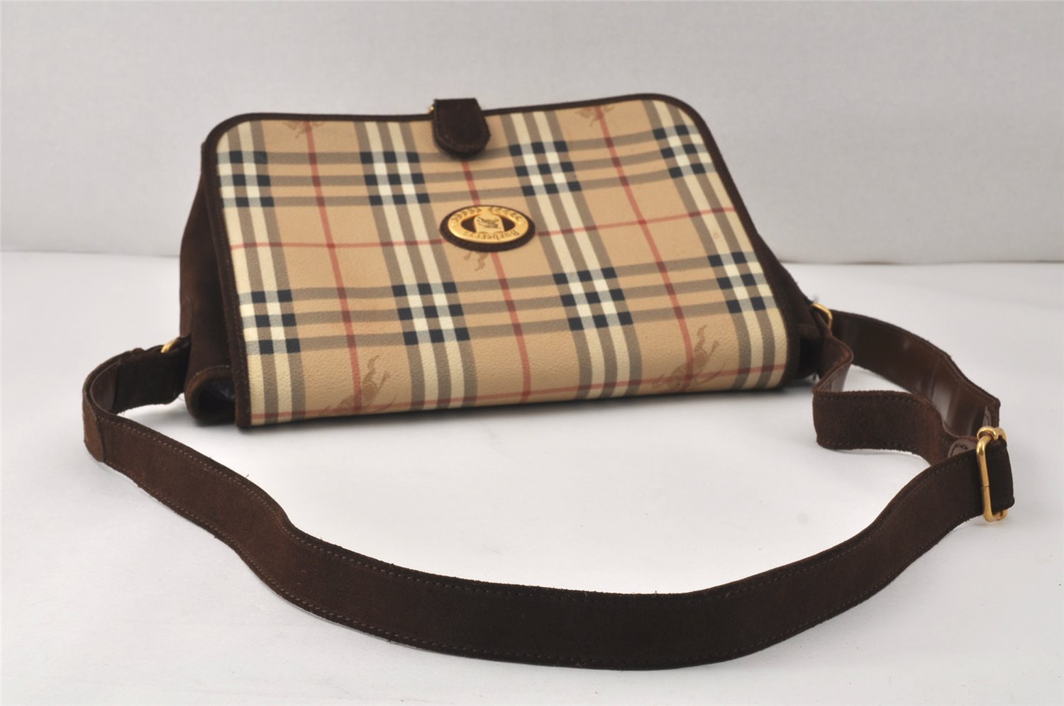 Authentic Burberrys Nova Check Shoulder Cross Bag PVC Suede Leather Beige 4320K