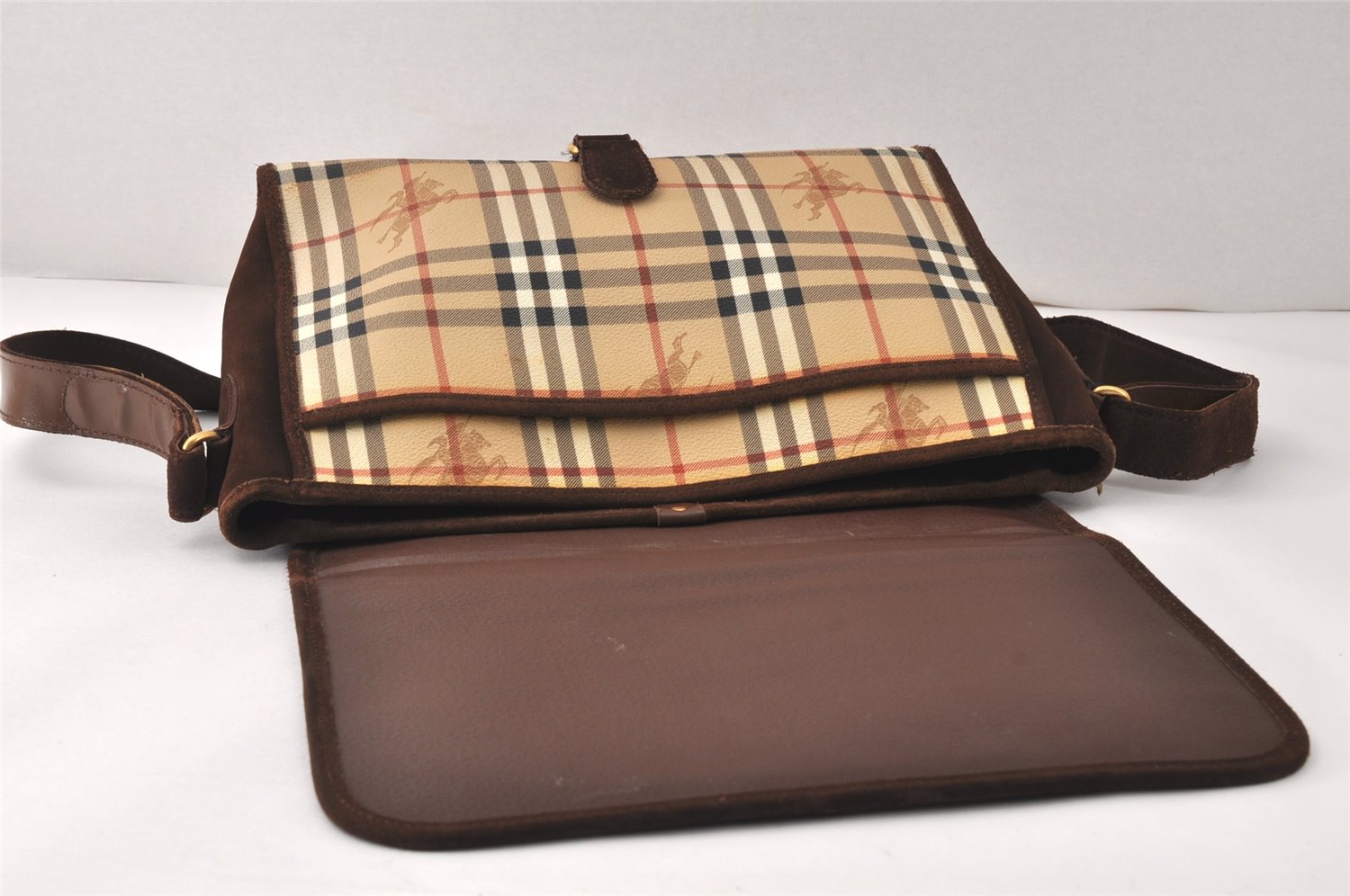 Authentic Burberrys Nova Check Shoulder Cross Bag PVC Suede Leather Beige 4320K