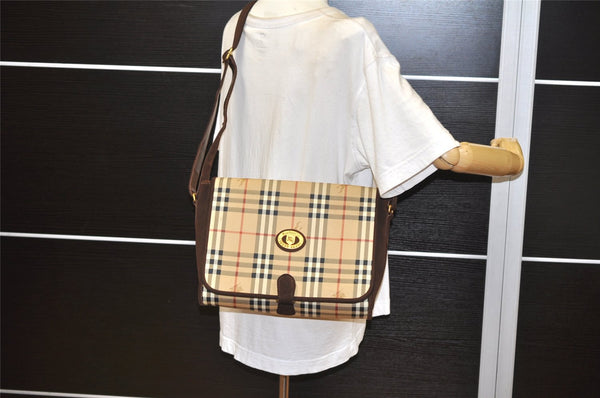 Authentic Burberrys Nova Check Shoulder Cross Bag PVC Suede Leather Beige 4320K