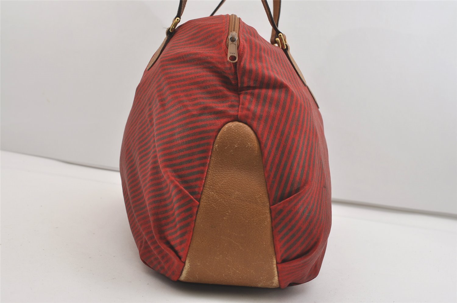 Authentic GUCCI Rigate Line Travel Boston Bag Cotton Leather Red Green 4323J