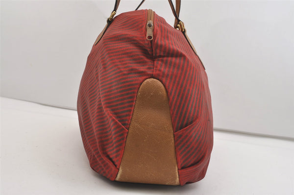 Authentic GUCCI Rigate Line Travel Boston Bag Cotton Leather Red Green 4323J