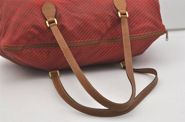 Authentic GUCCI Rigate Line Travel Boston Bag Cotton Leather Red Green 4323J