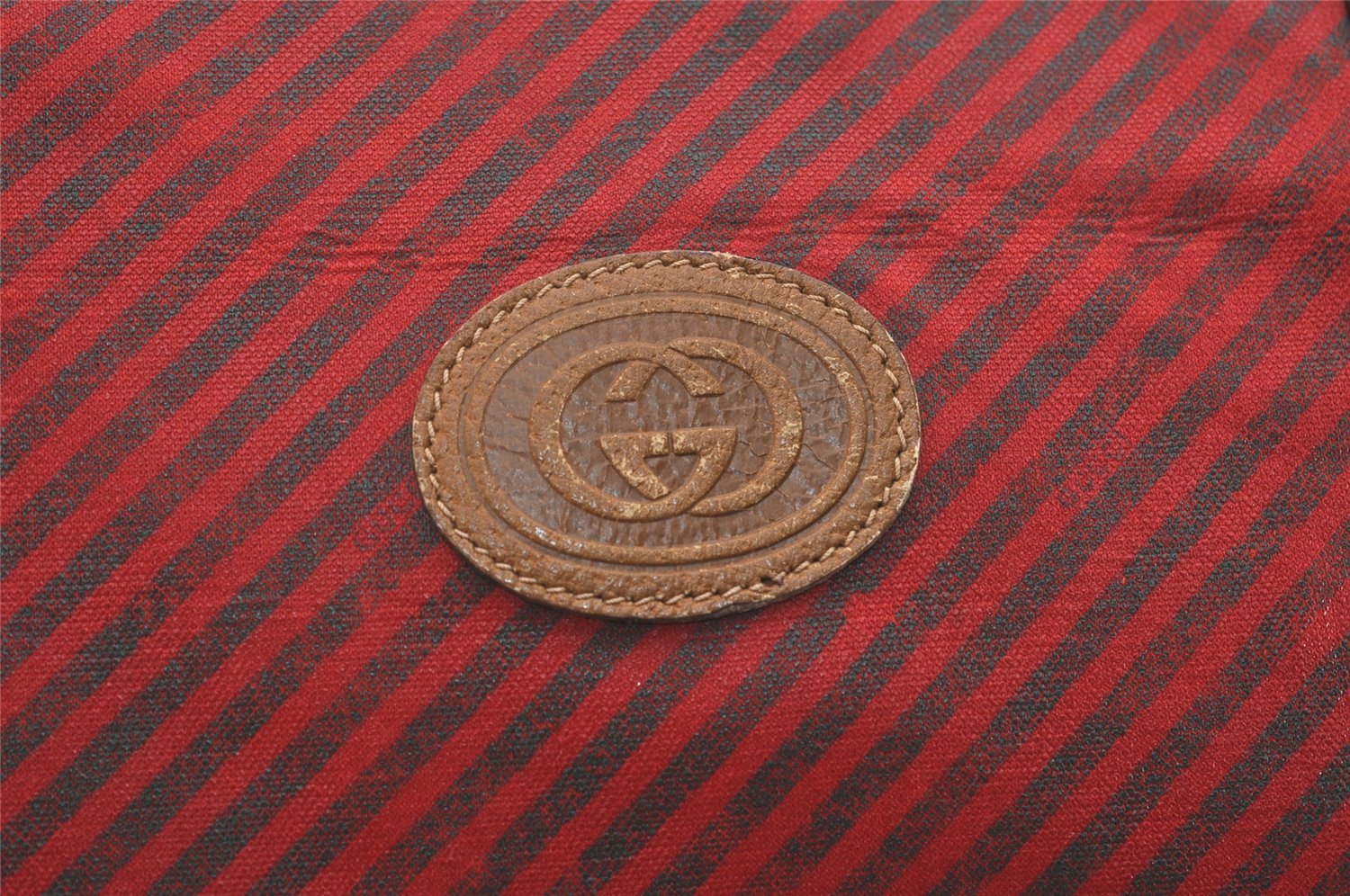 Authentic GUCCI Rigate Line Travel Boston Bag Cotton Leather Red Green 4323J