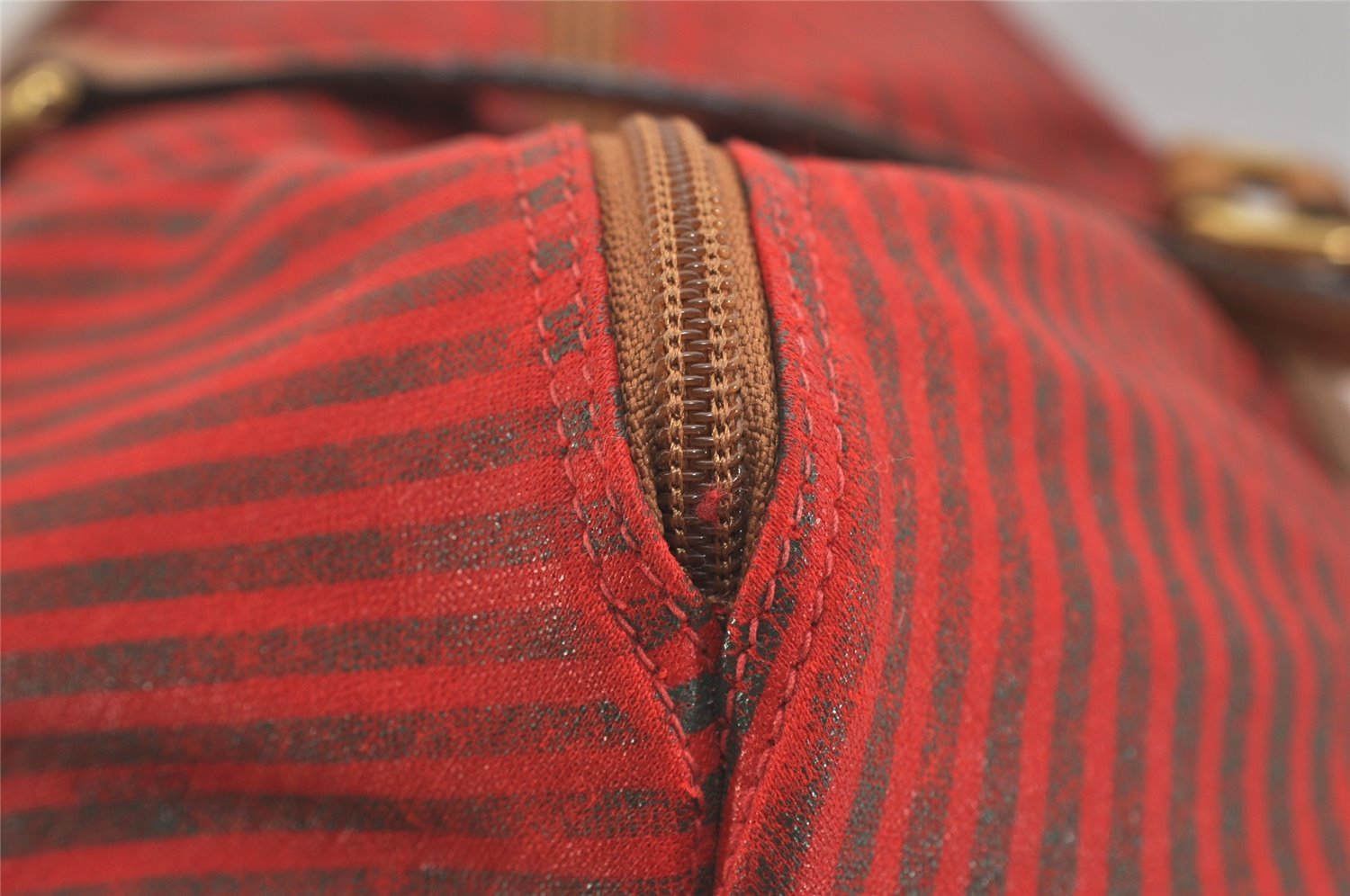 Authentic GUCCI Rigate Line Travel Boston Bag Cotton Leather Red Green 4323J