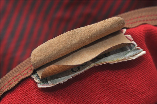 Authentic GUCCI Rigate Line Travel Boston Bag Cotton Leather Red Green 4323J