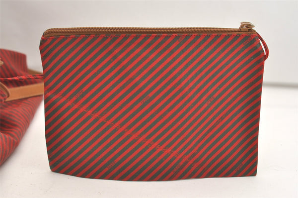 Authentic GUCCI Rigate Line Travel Boston Bag Cotton Leather Red Green 4323J