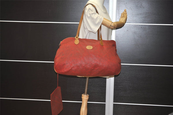 Authentic GUCCI Rigate Line Travel Boston Bag Cotton Leather Red Green 4323J