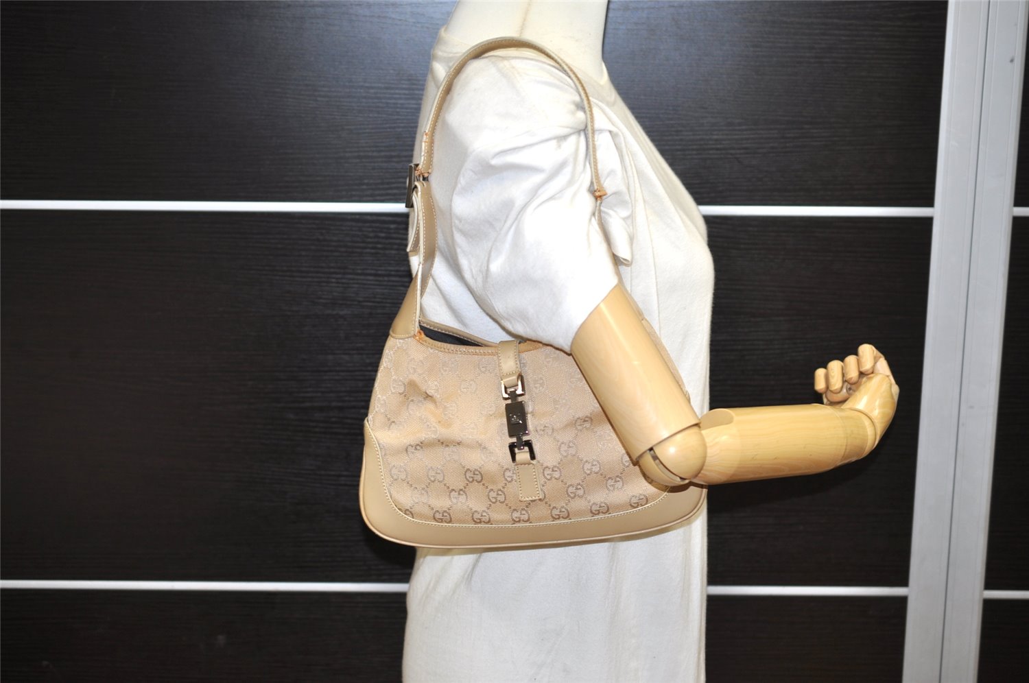 Authentic GUCCI Jackie Shoulder Bag GG Canvas Leather 0013735 Beige Junk 4323K