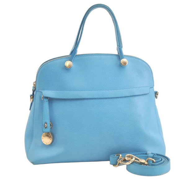 Authentic FURLA PIPER Vintage Leather 2Way Shoulder Hand Bag Light Blue 4324K