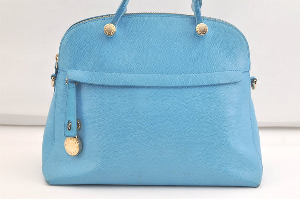 Authentic FURLA PIPER Vintage Leather 2Way Shoulder Hand Bag Light Blue 4324K