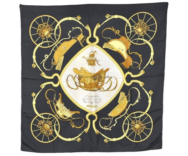 Authentic HERMES Carre 90 Scarf "SPRINGS" Silk Black 4327J