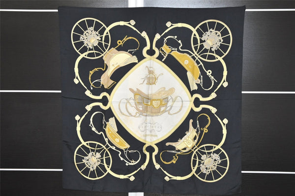 Authentic HERMES Carre 90 Scarf "SPRINGS" Silk Black 4327J