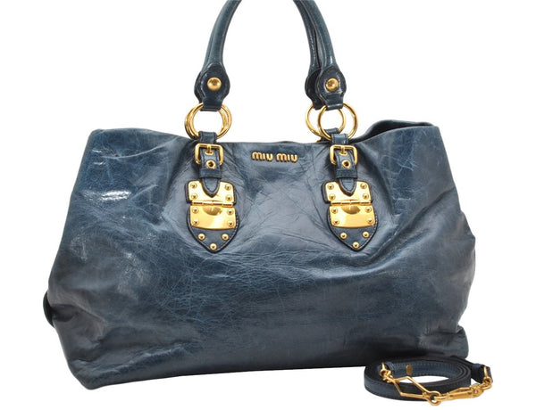 Authentic MIU MIU Vintage Leather 2Way Shoulder Tote Bag Blue 4328K