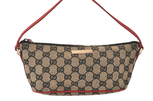 Authentic GUCCI Hand Bag Pouch Purse GG Canvas Leather 0391103 Black Red 4331K