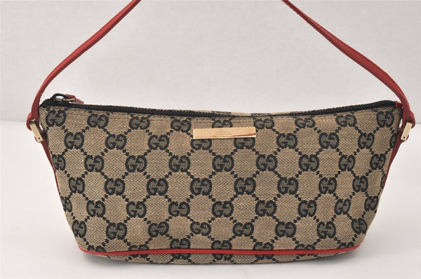 Authentic GUCCI Hand Bag Pouch Purse GG Canvas Leather 0391103 Black Red 4331K