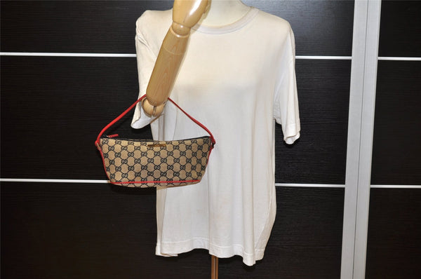 Authentic GUCCI Hand Bag Pouch Purse GG Canvas Leather 0391103 Black Red 4331K