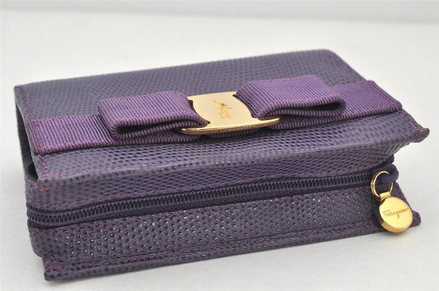 Authentic Salvatore Ferragamo Vara Pouch Purse Leather Purple SF Box Junk 4336K
