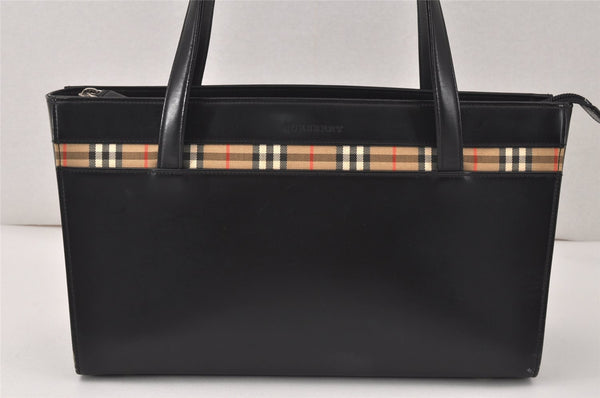 Authentic BURBERRY Vintage Leather Nova Check Canvas Hand Bag Black Beige 4341K